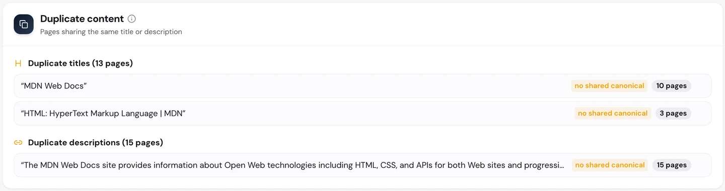 seotools.pro Website Audit Technical SEO duplicate content for developer.mozilla.org: duplicate titles on 13 pages, led by MDN Web Docs on 10 pages and HTML: HyperText Markup Language | MDN on 3, and one description about the MDN Web Docs site reused on 15 pages.