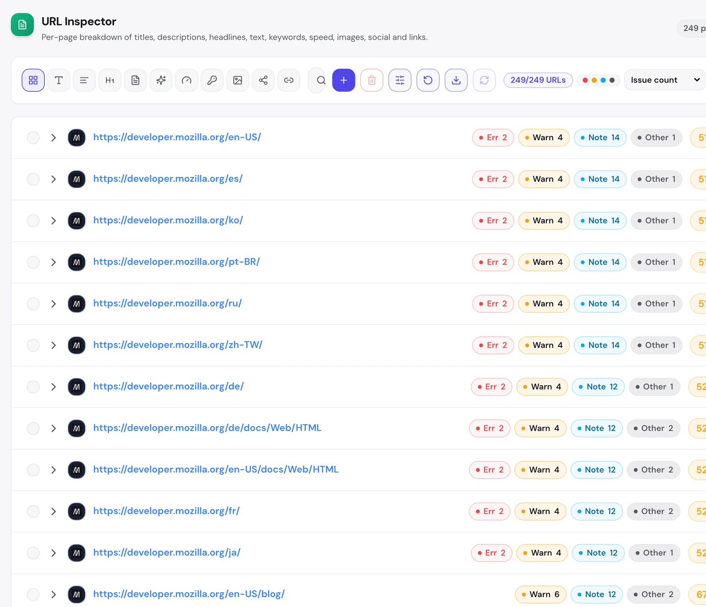 seotools.pro Website Audit Pages tab, the URL Inspector for developer.mozilla.org with 249 pages: the language homepages for en-US, es, ko, pt-BR, ru and zh-TW each score 51 with 2 errors and 4 warnings, and the de, fr and ja homepages score 52.