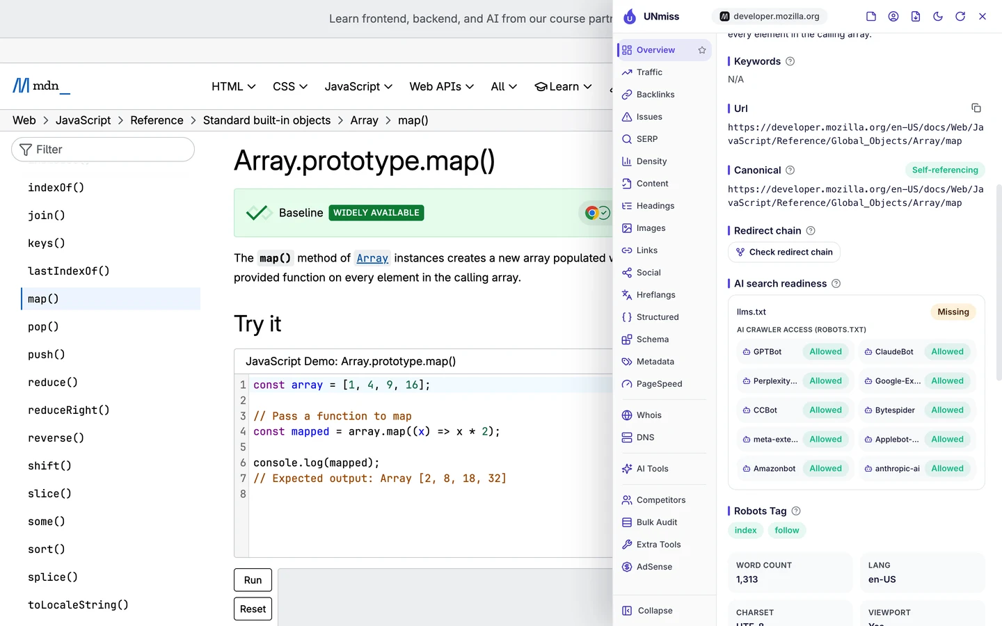 The seotools.pro browser extension on MDN's map() page showing AI search readiness: llms.txt missing, and AI crawler access from robots.txt with GPTBot, ClaudeBot, PerplexityBot, Google-Extended, CCBot, Bytespider, meta-externalagent, Applebot-Extended, Amazonbot and anthropic-ai all allowed.