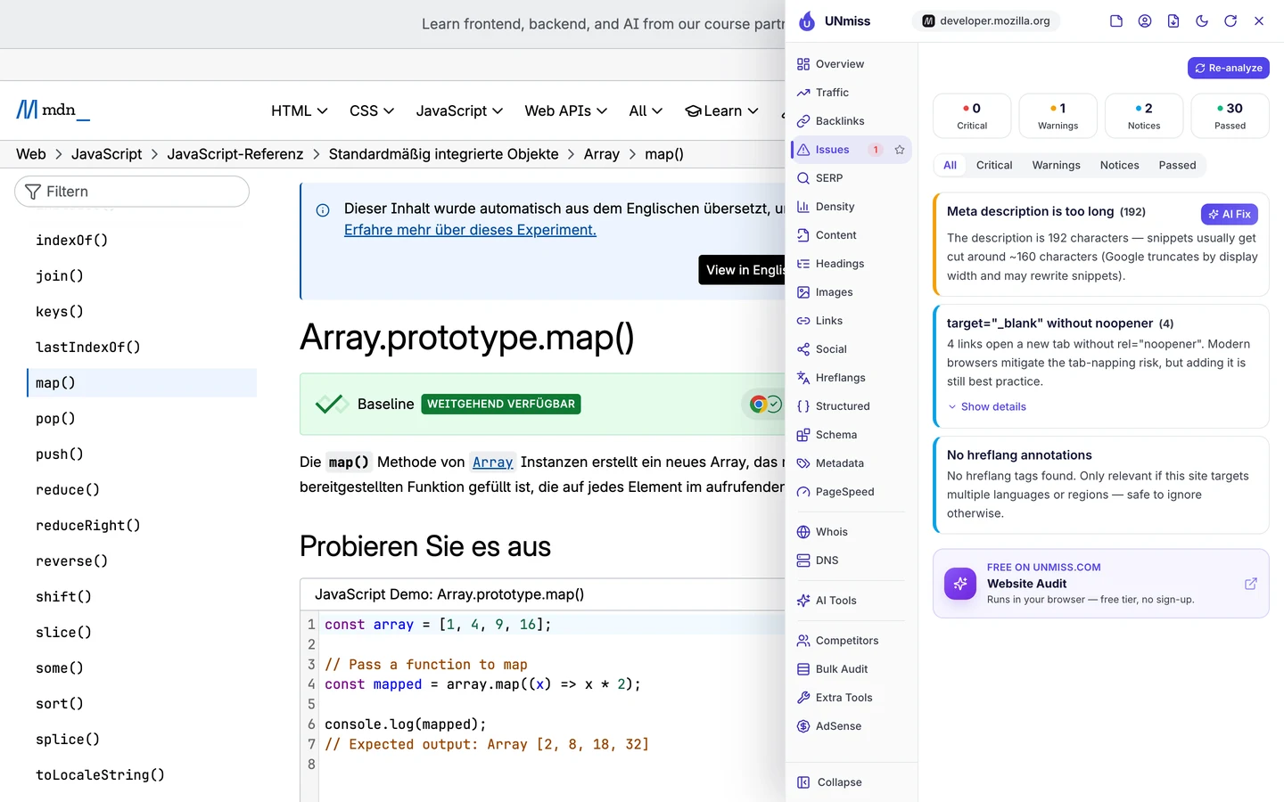 MDN's German Array.prototype.map() page with a notice that the content was automatically translated from English, and the seotools.pro browser extension Issues tab showing 0 critical issues, 1 warning, 2 notices and 30 passed checks: the meta description is too long at 192 characters, 4 links open a new tab without noopener, and no hreflang annotations.