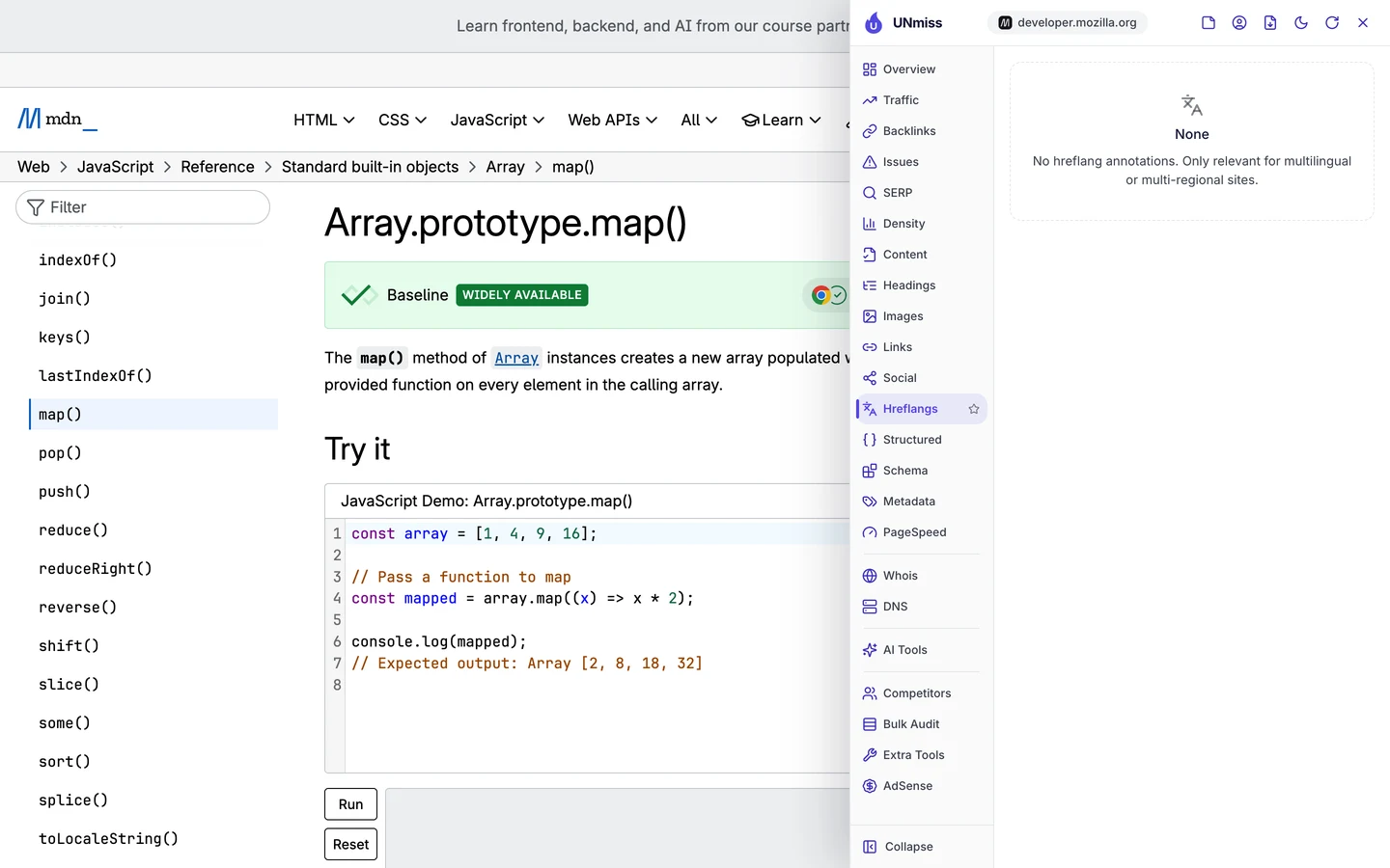 The seotools.pro browser extension Hreflangs tab on MDN's English Array.prototype.map() page: None, no hreflang annotations.