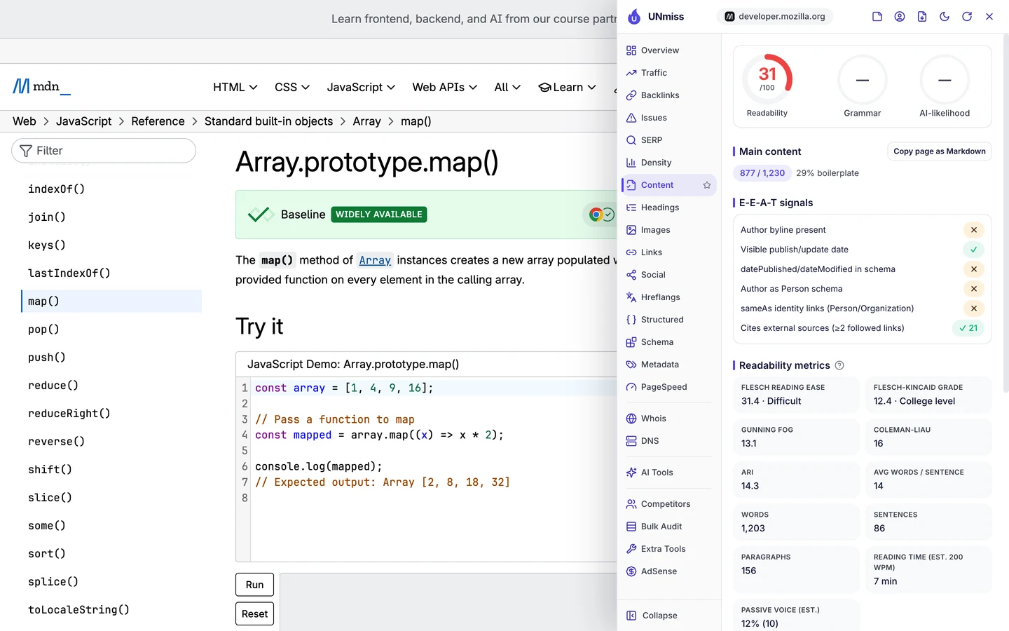 The seotools.pro browser extension Content tab on MDN's map() page: 1,203 words, main content of 877 against a 1,230-word guide, 29 percent boilerplate, no author byline, a visible publish or update date, no date in schema, 21 followed links to outside sources, and a Flesch reading ease of 31.4.