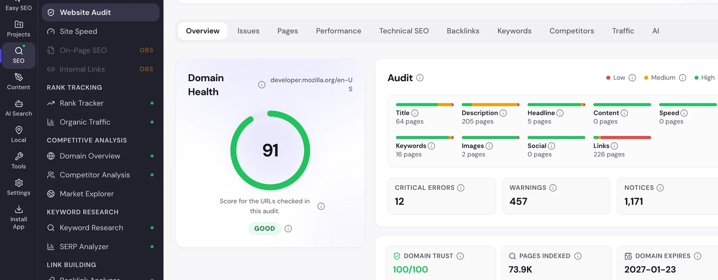 seotools.pro Website Audit for developer.mozilla.org/en-US, October 2026: a domain health score of 91 rated good, 12 critical errors, 457 warnings and 1,171 notices, Domain Trust 100 of 100 and 73.9K pages indexed.