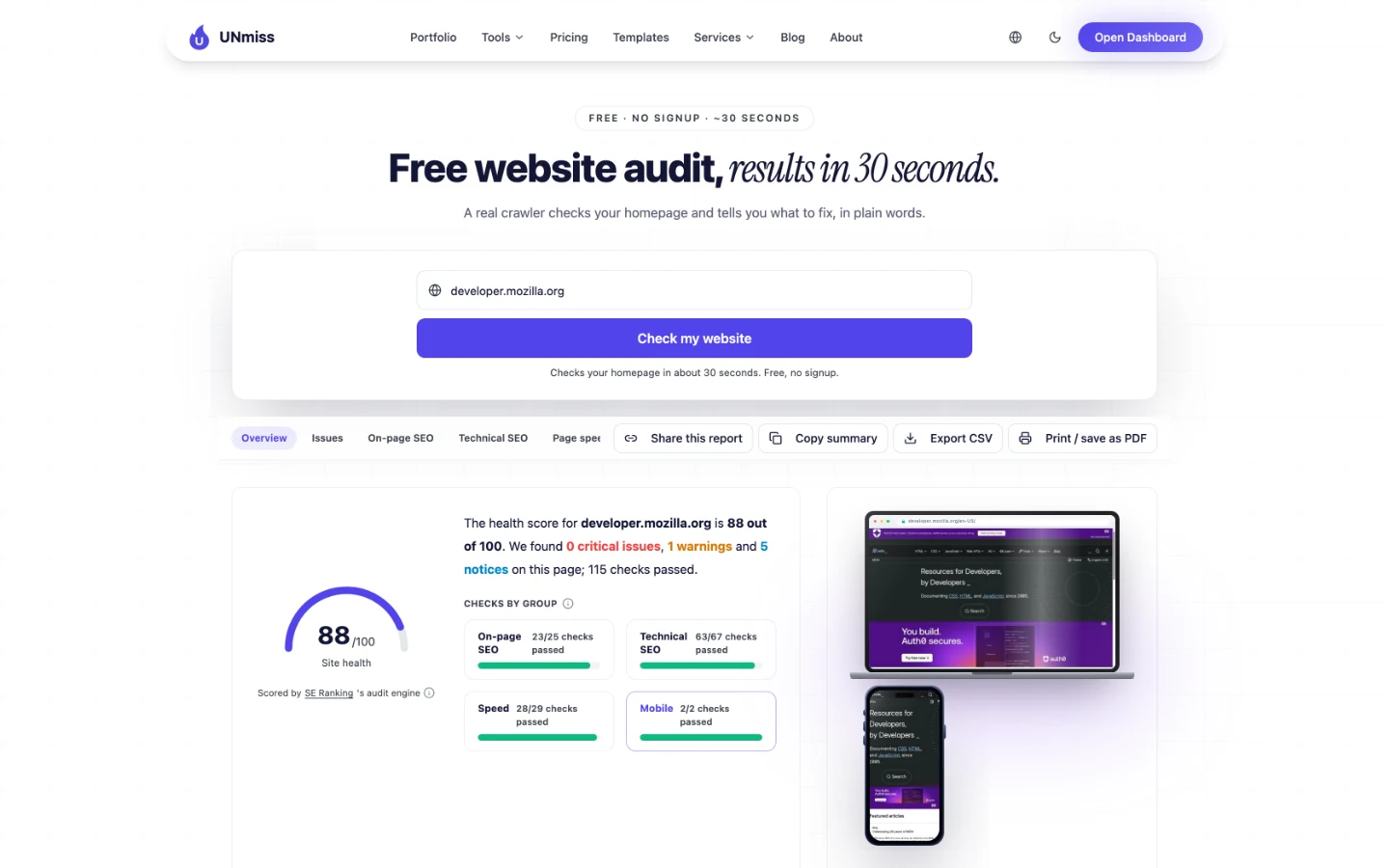 seotools.pro Website Audit для developer.mozilla.org: 88 зі 100 здоров’я сайту, 0 критичних проблем, 1 попередження, 5 зауважень і 115 пройдених перевірок.