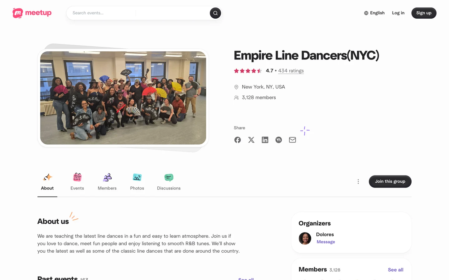 Meetup group page for Empire Line Dancers (NYC), rated 4.7 from 434 ratings, in New York, NY, USA, with 3,128 members, a Join this group button, tabs for About, Events, Members, Photos and Discussions, and an About us text about teaching the latest line dances.