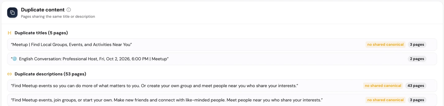seotools.pro Website Audit Technical SEO duplicate content for www.meetup.com: duplicate titles on 5 pages, led by Meetup | Find Local Groups, Events, and Activities Near You on 3 pages, and duplicate descriptions on 53 pages, led by one Find Meetup events description reused on 43 pages.