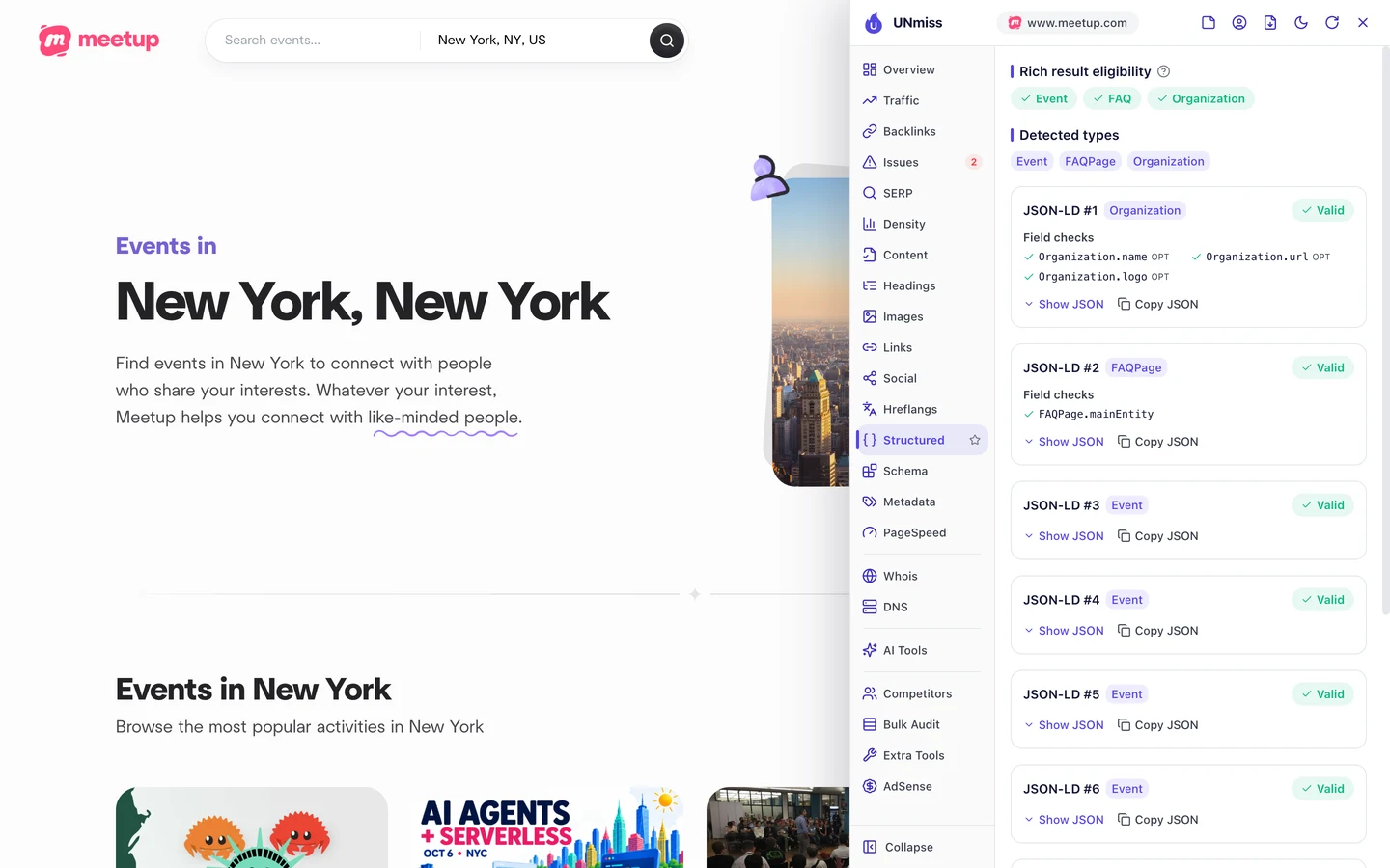 The seotools.pro browser extension Structured tab on Meetup's Events in New York, New York page: rich result eligibility for Event, FAQ and Organization, with valid JSON-LD blocks for Organization, FAQPage and several Event entries.