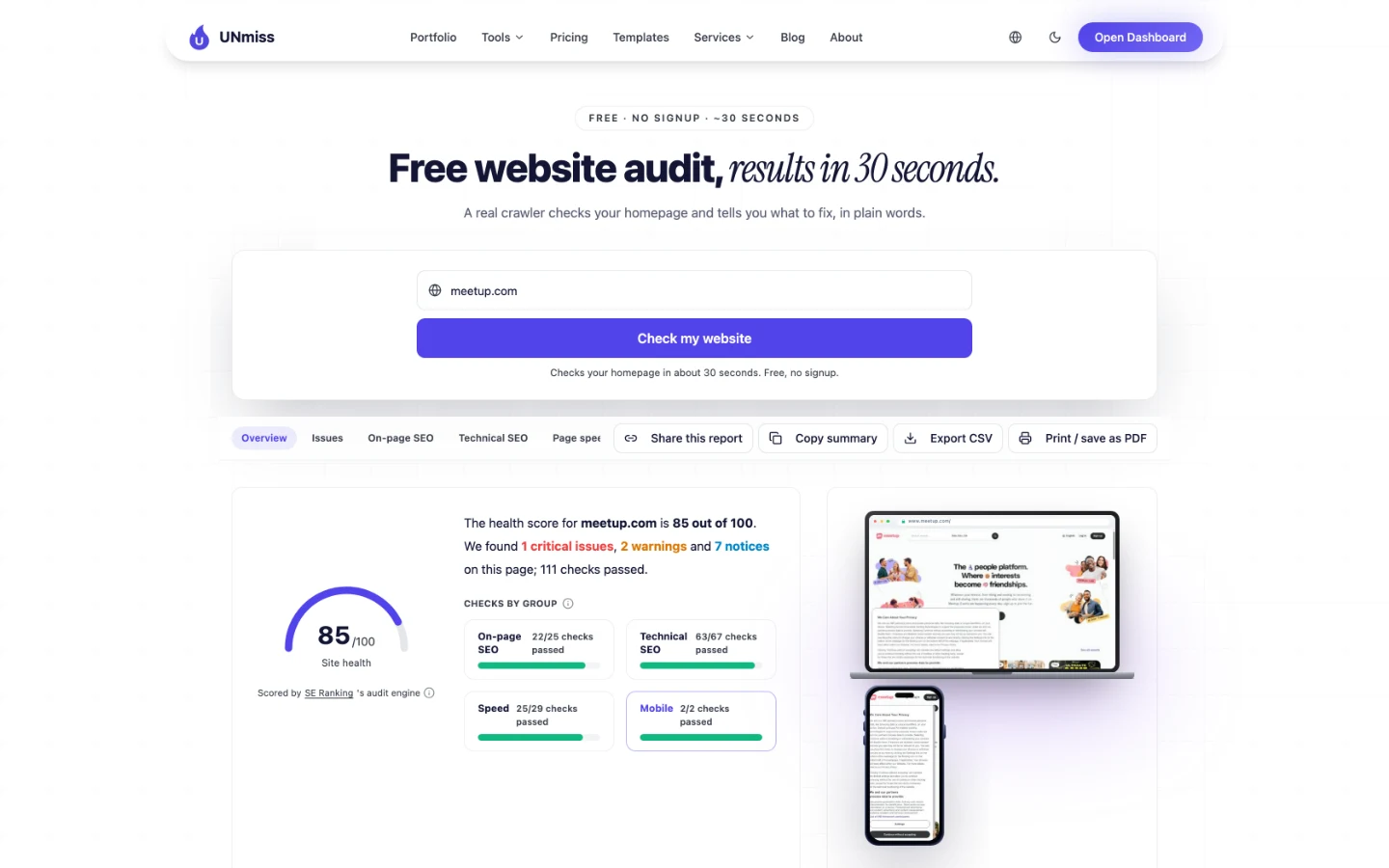 seotools.pro Website Audit для meetup.com: 85 зі 100 балів здоров’я сайту, 1 критична проблема, 2 попередження, 7 зауважень і 111 пройдених перевірок.