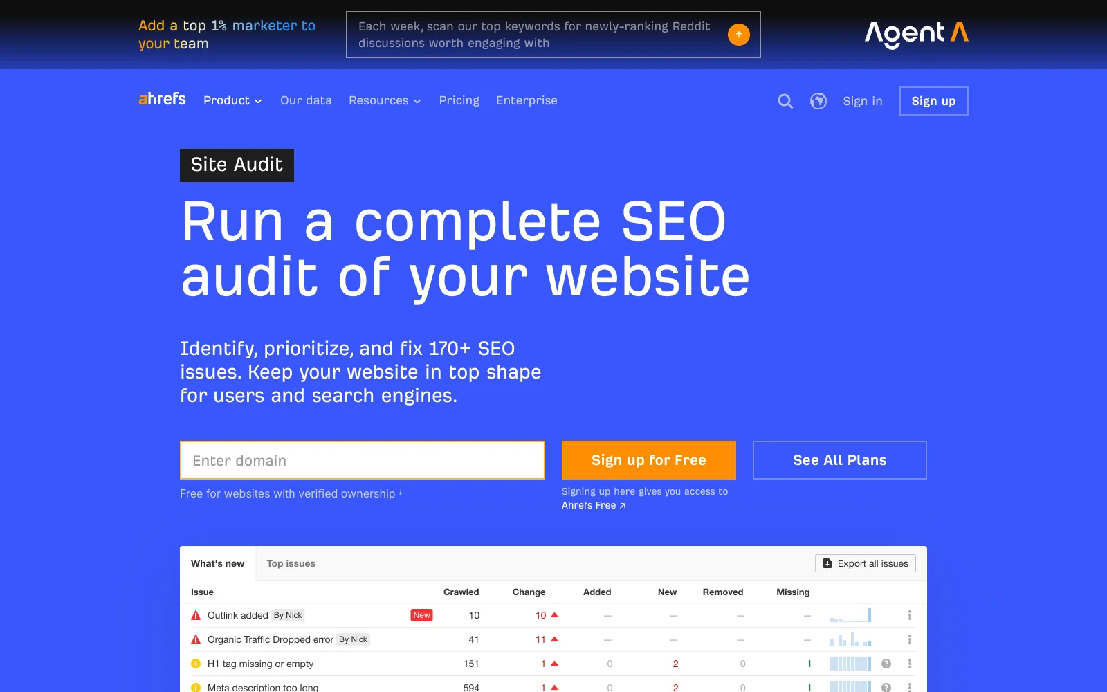 Ahrefs Site Audit page showing complete SEO audit messaging and product preview