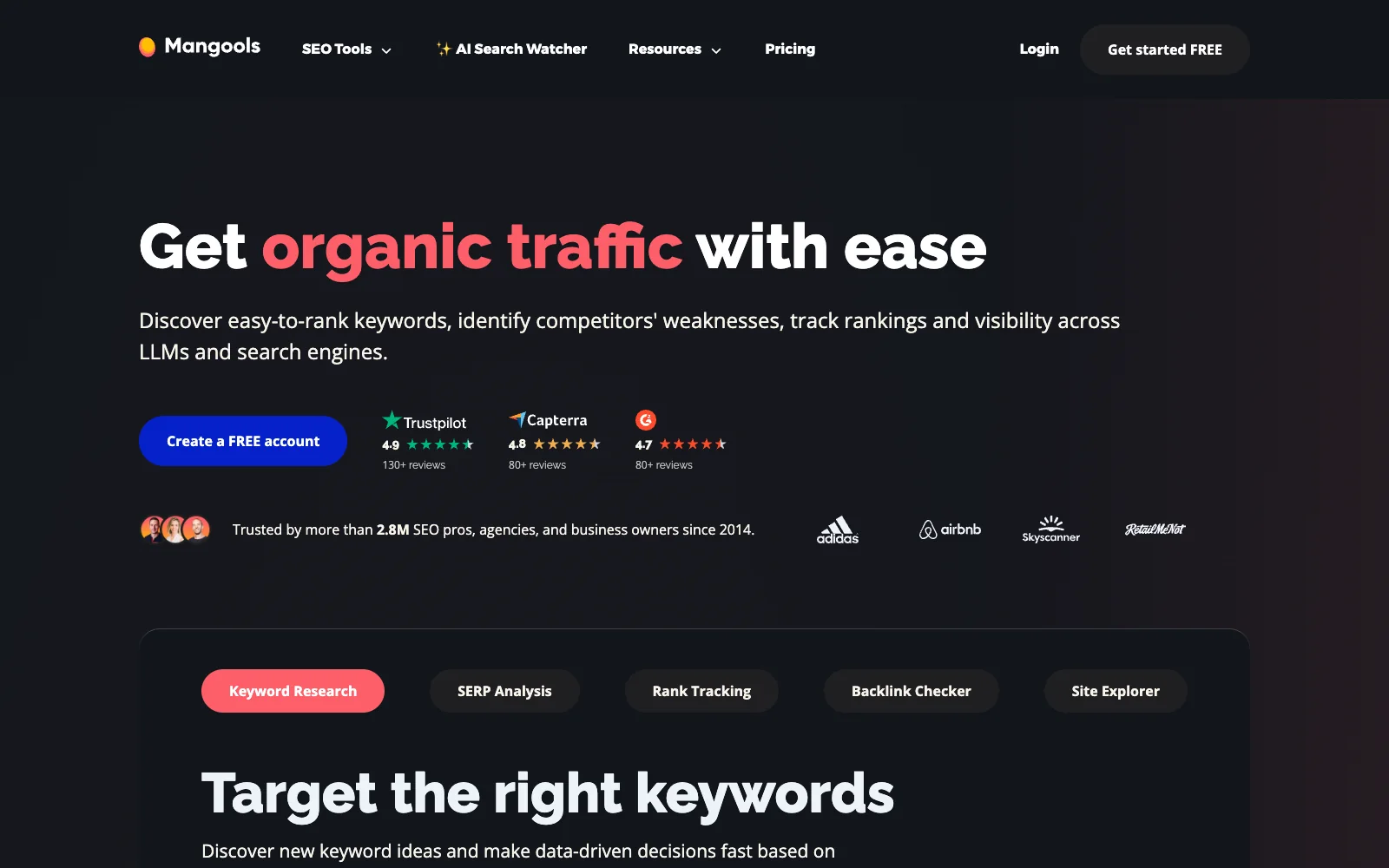Mangools public site showing keyword research and SEO tool suite positioning