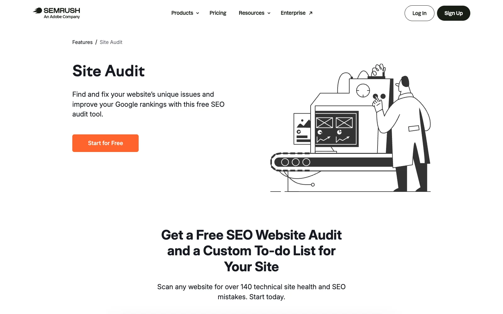 Semrush Site Audit product page showing technical SEO audit positioning