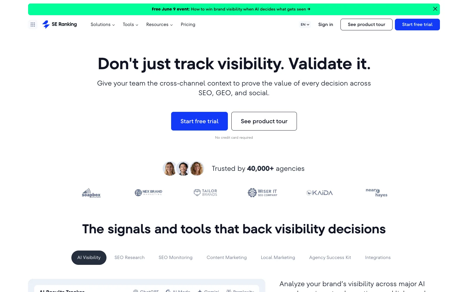 SE Ranking public site showing AI SEO software and visibility decision tools