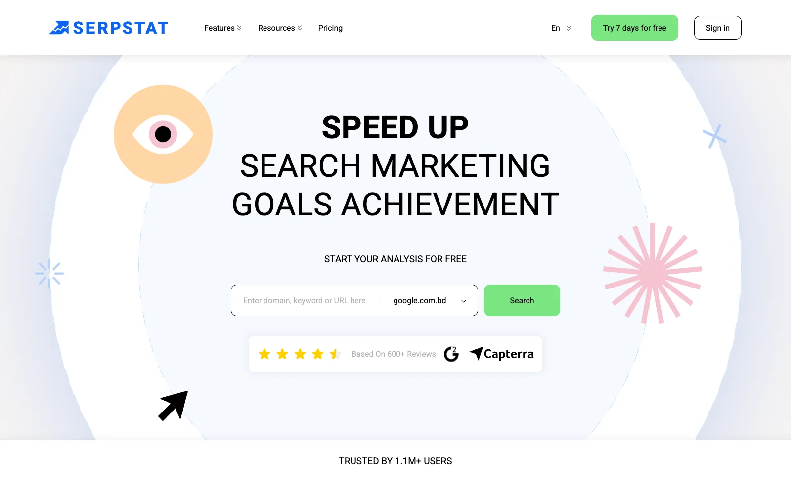 Serpstat public site showing search marketing goals achievement interface