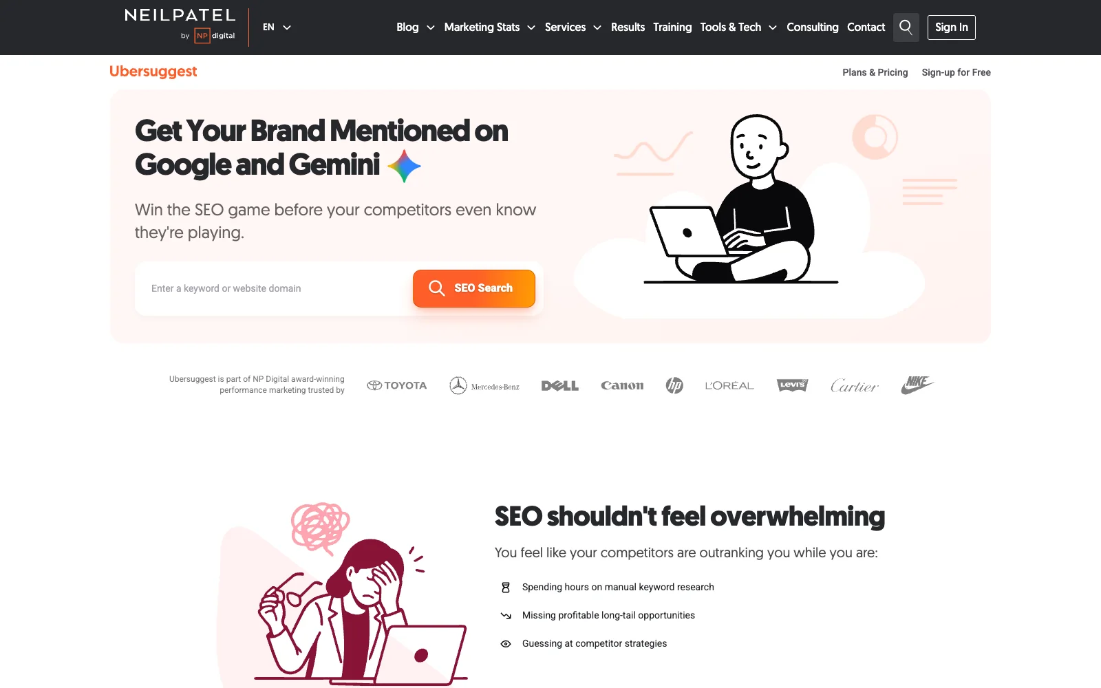 Ubersuggest public page showing SEO and AI search visibility messaging