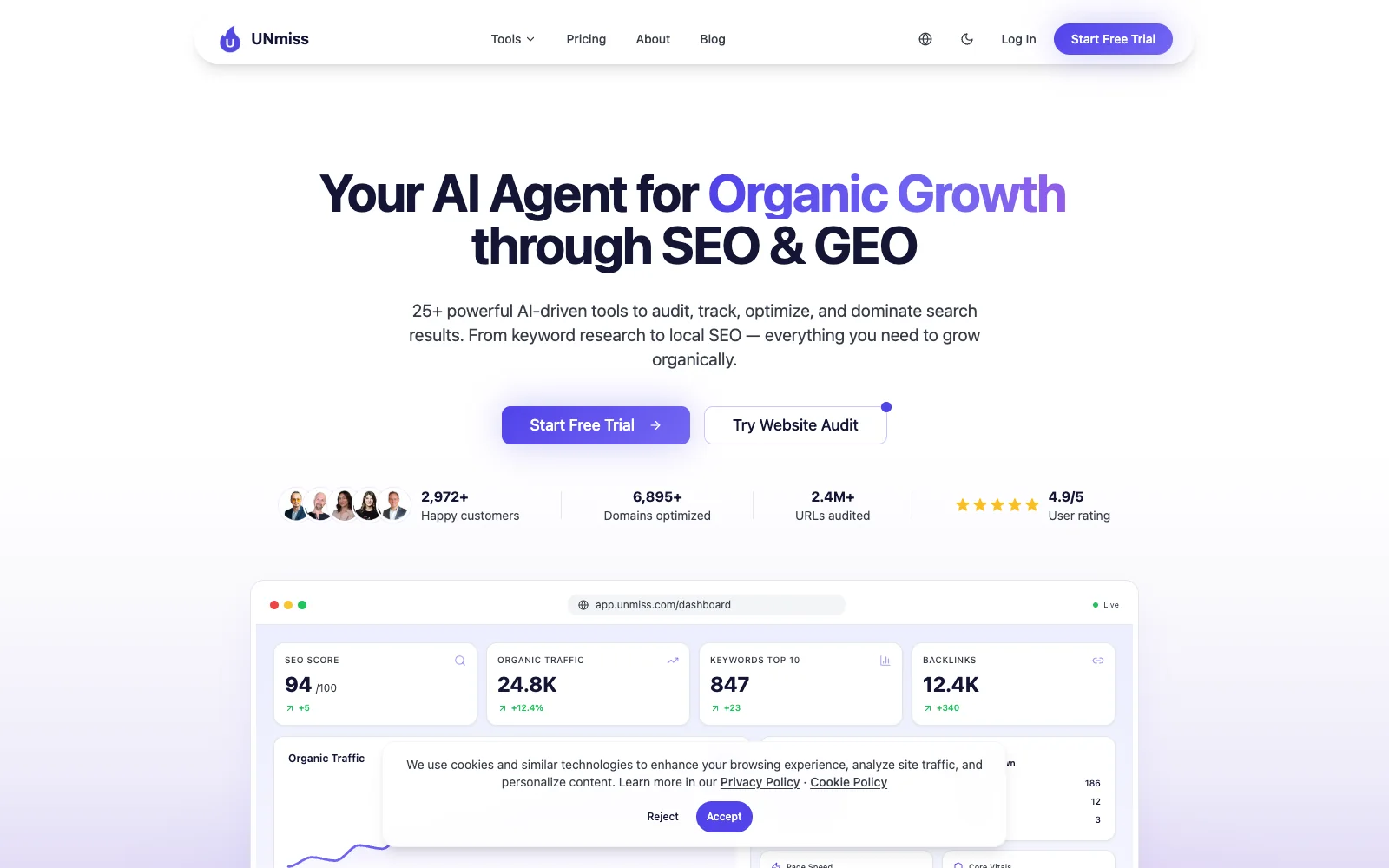 seotools.pro homepage showing AI SEO and GEO audit dashboard preview