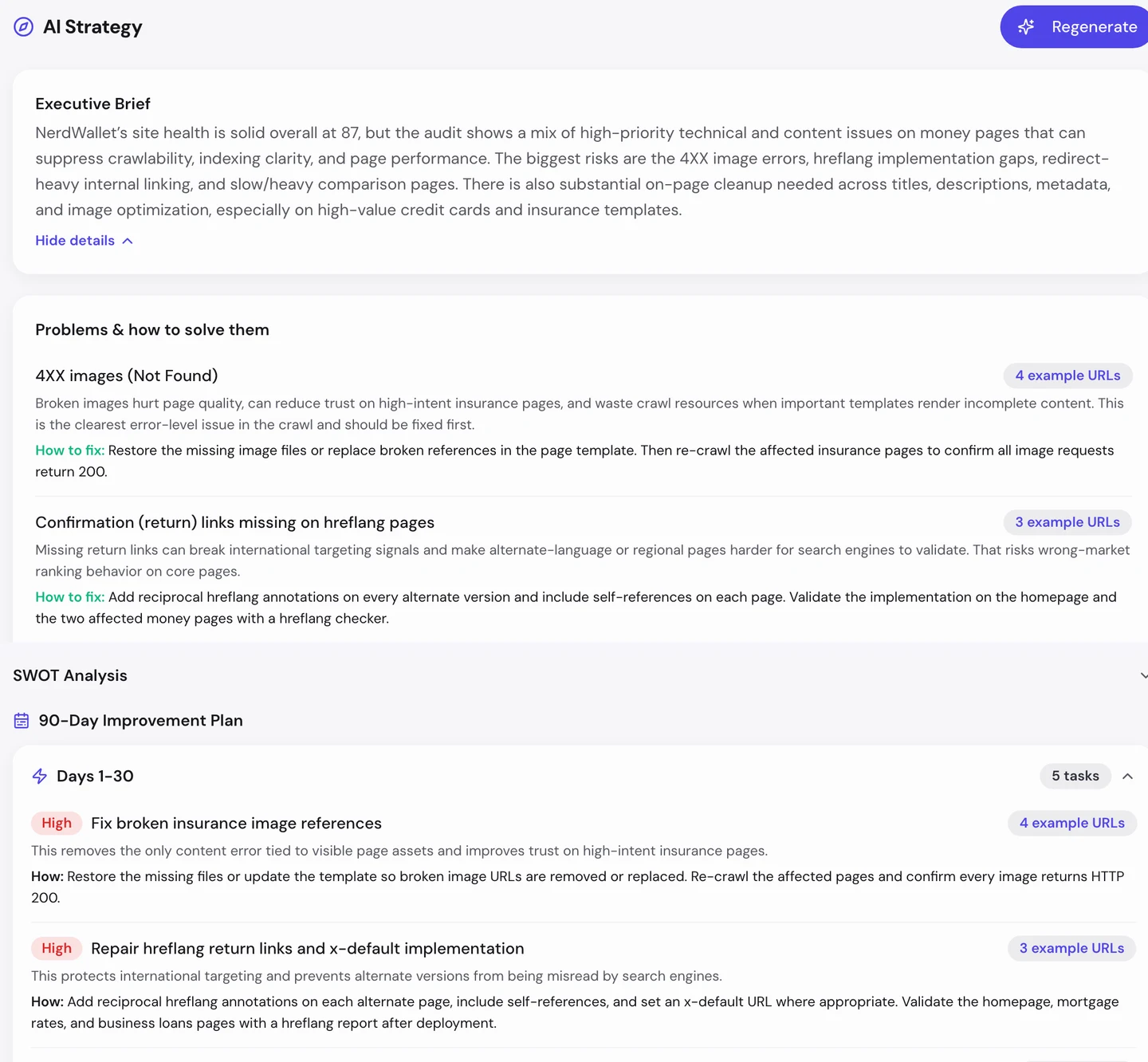 Вкладка AI в seotools.pro Website Audit по www.nerdwallet.com: краткая сводка для руководства, проблемы и способы их исправить, где первыми идут изображения с ошибкой 4XX и недостающие ответные ссылки hreflang, и план улучшений на 90 дней. План на первые 30 дней начинается с исправления битых ссылок на изображения на страницах о страховании и восстановления ответных ссылок hreflang.