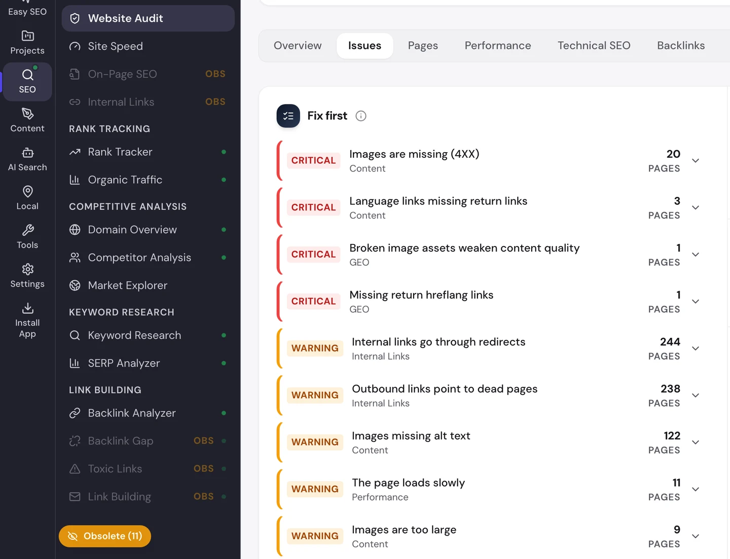 Проблемы в seotools.pro Website Audit по www.nerdwallet.com. Критические ошибки: отсутствующие изображения на 20 страницах и ответные ссылки hreflang на 3. Дальше предупреждения: внутренние ссылки через редиректы на 244 страницах, исходящие ссылки на несуществующие страницы на 238, изображения без alt-текста на 122, 11 медленных страниц и слишком тяжелые изображения на 9.