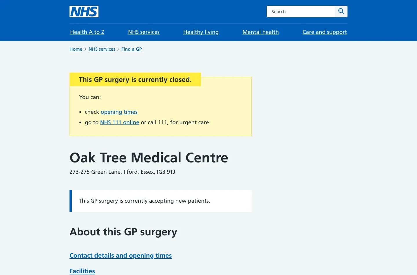 Сторінка профілю амбулаторії сімейного лікаря на NHS.uk з адресою, годинами роботи і послугами.