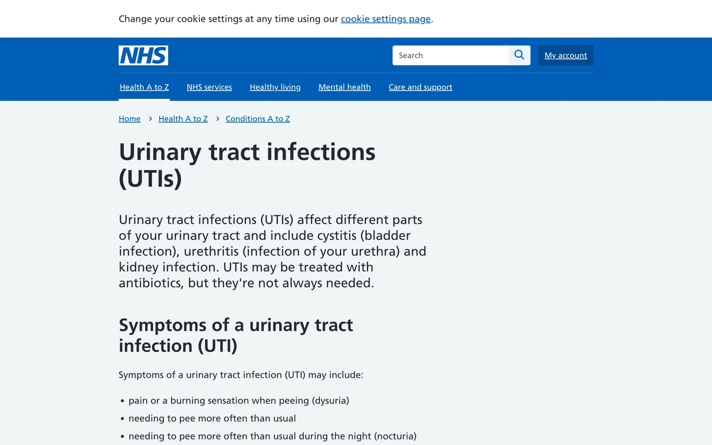 The NHS page Urinary tract infections (UTIs), under Home, Health A to Z and Conditions A to Z, with a first line explaining that UTIs affect different parts of the urinary tract and include cystitis, urethritis and kidney infection, and a heading Symptoms of a urinary tract infection (UTI) above a list of symptoms.