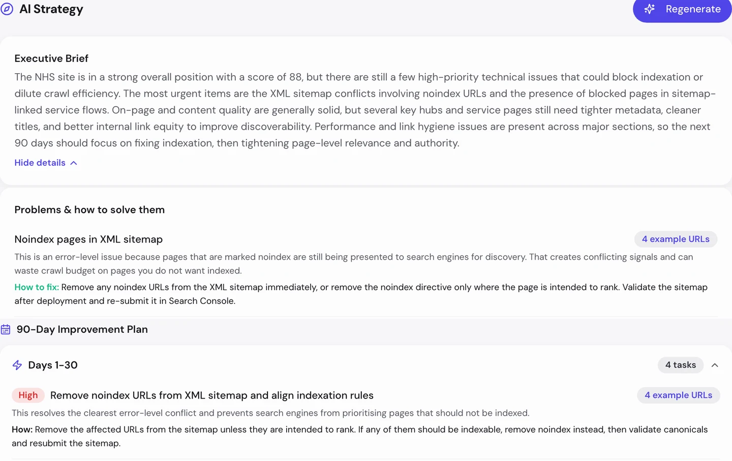 seotools.pro Website Audit AI tab for www.nhs.uk: an executive brief on a strong score of 88 held back by XML sitemap conflicts with noindex URLs and blocked pages in service flows, a problem card for noindex pages in the XML sitemap with 4 example URLs and how to fix it, and a 90-day improvement plan whose first 30 days start with removing noindex URLs from the XML sitemap.