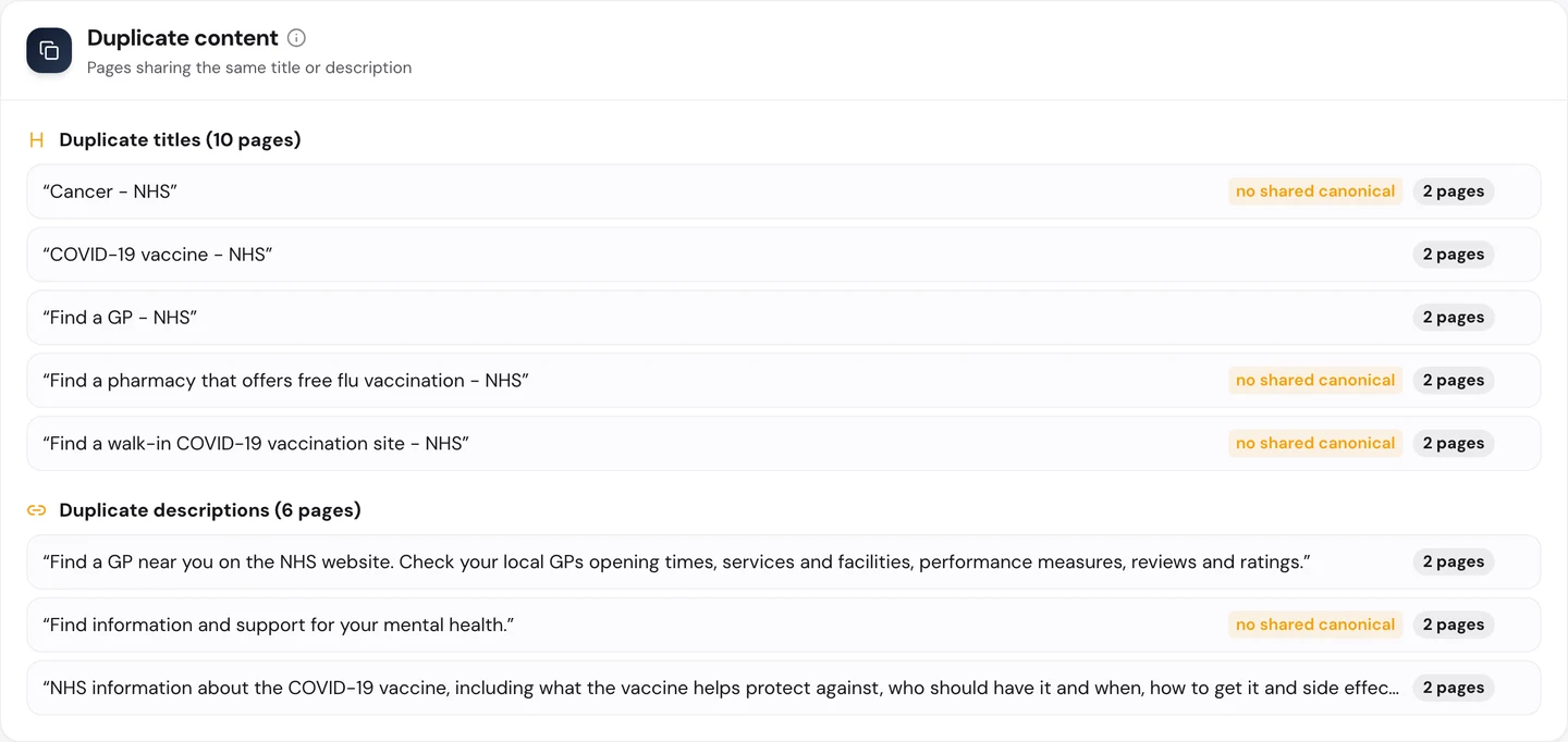 seotools.pro Website Audit Technical SEO duplicate content for www.nhs.uk: duplicate titles on 10 pages, including Cancer - NHS, COVID-19 vaccine - NHS, Find a GP - NHS, Find a pharmacy that offers free flu vaccination - NHS and Find a walk-in COVID-19 vaccination site - NHS on 2 pages each, 3 of them flagged no shared canonical, and duplicate descriptions on 6 pages.