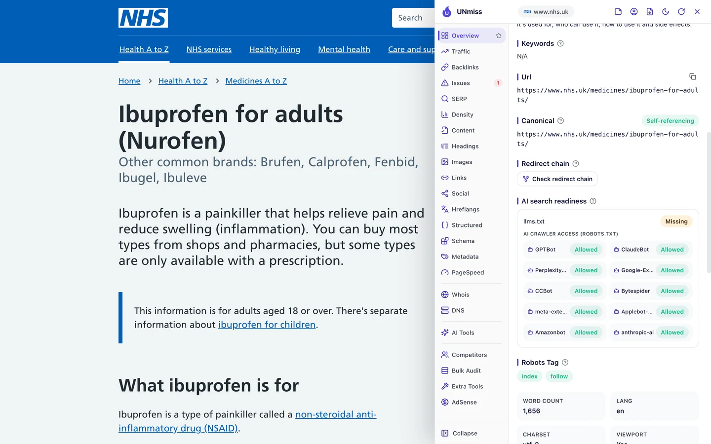 The seotools.pro browser extension on the NHS ibuprofen page showing a self-referencing canonical, AI search readiness with llms.txt missing, and AI crawler access from robots.txt with GPTBot, ClaudeBot, PerplexityBot, Google-Extended, CCBot, Bytespider, meta-externalagent, Applebot-Extended, Amazonbot and anthropic-ai all allowed, plus a robots tag of index, follow and a word count of 1,656.