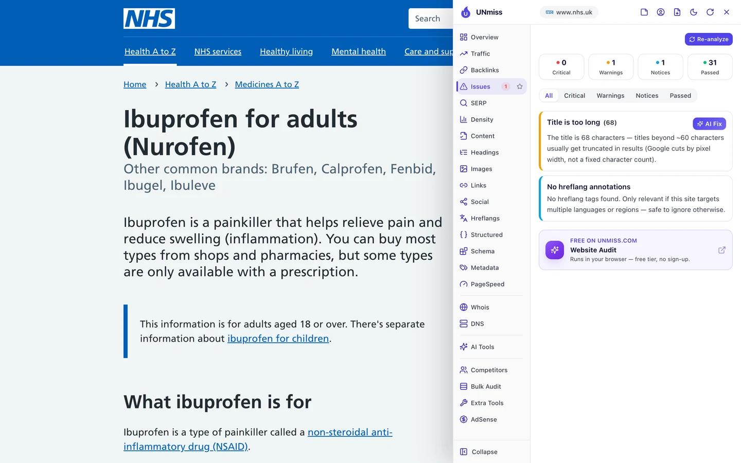 The seotools.pro browser extension Issues tab on the NHS ibuprofen page: 0 critical, 1 warning, 1 notice and 31 passed, with the warning Title is too long (68), explaining that titles beyond about 60 characters usually get cut off in results, and a notice of no hreflang annotations.