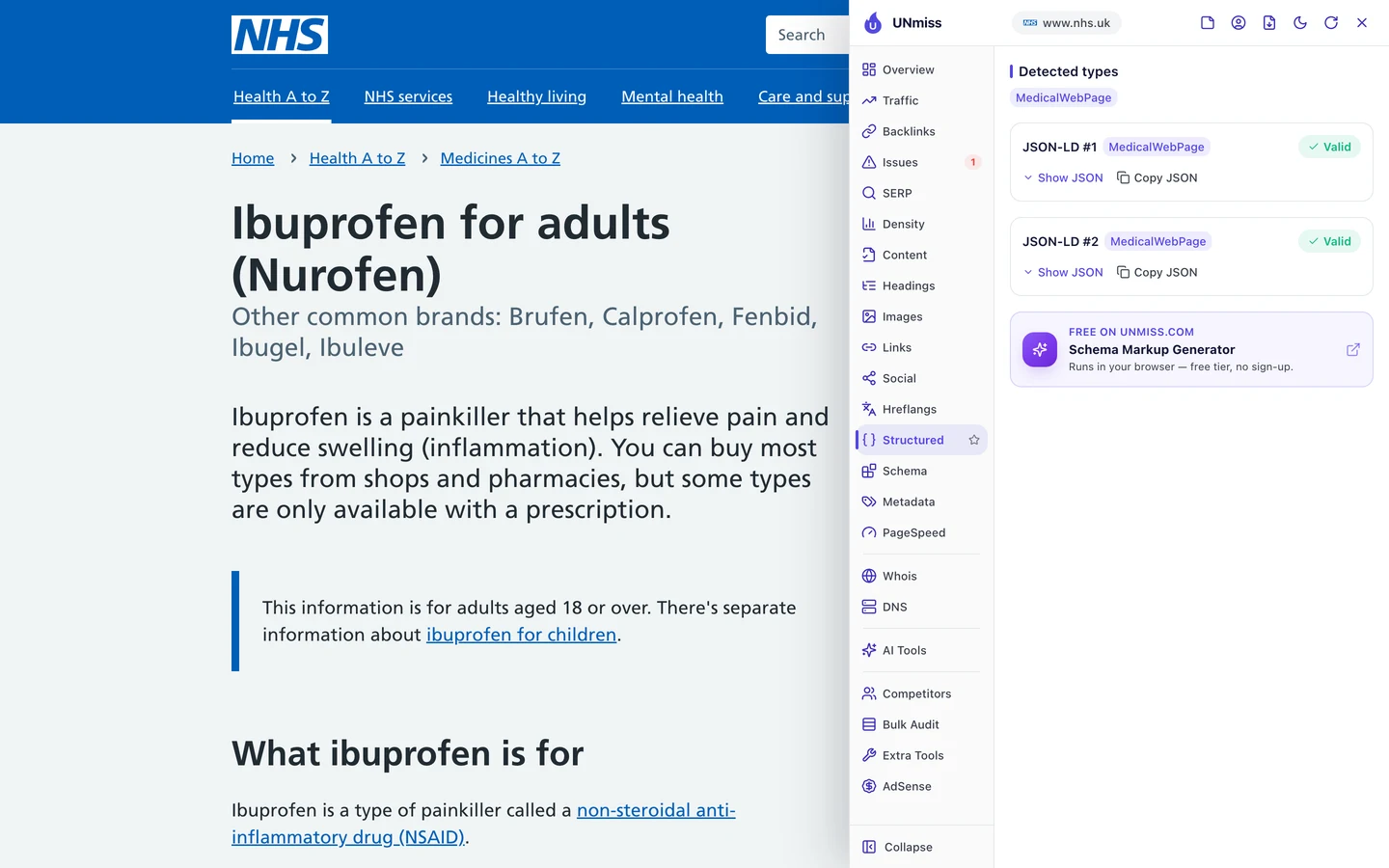 The seotools.pro browser extension Structured tab on the NHS ibuprofen page: detected type MedicalWebPage, with 2 JSON-LD blocks, both MedicalWebPage and both valid.
