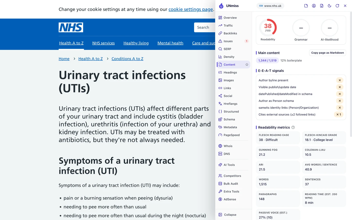The seotools.pro browser extension Content tab on the NHS UTI page: readability 38 out of 100, main content of 1,344 of 1,519 words with 12 percent boilerplate, E-E-A-T signals with no author byline, no visible publish or update date found, no datePublished or dateModified in schema, no author as Person schema, no sameAs links and 1 followed external source, and readability metrics with a Flesch Reading Ease of 38, difficult, a grade of 18.1 and 40.9 words per sentence on average.