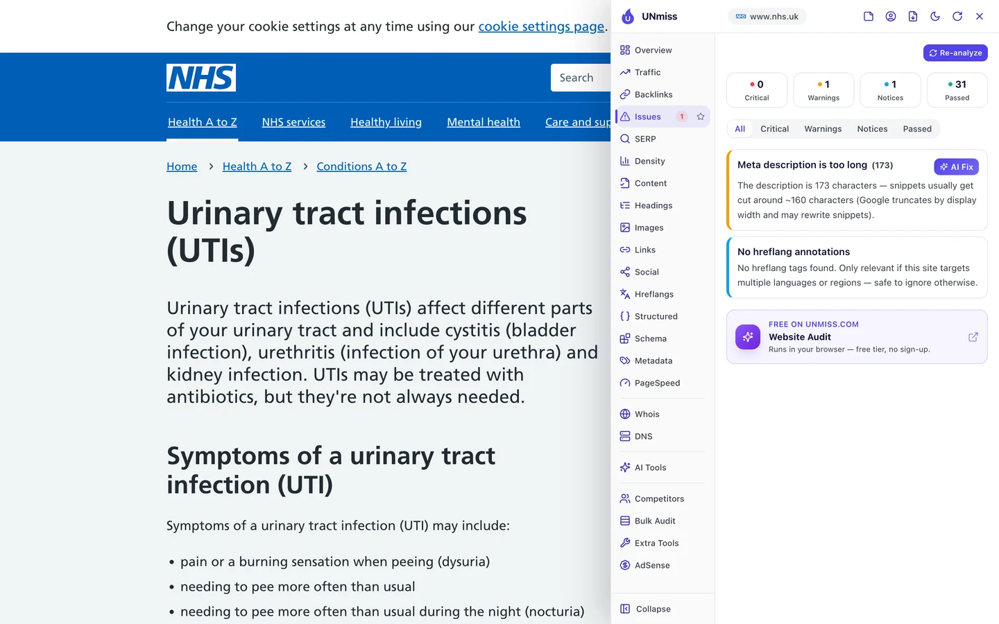 The seotools.pro browser extension Issues tab on the NHS UTI page: 0 critical, 1 warning, 1 notice and 31 passed, with the warning Meta description is too long (173), explaining that snippets usually get cut around 160 characters, and a notice of no hreflang annotations.
