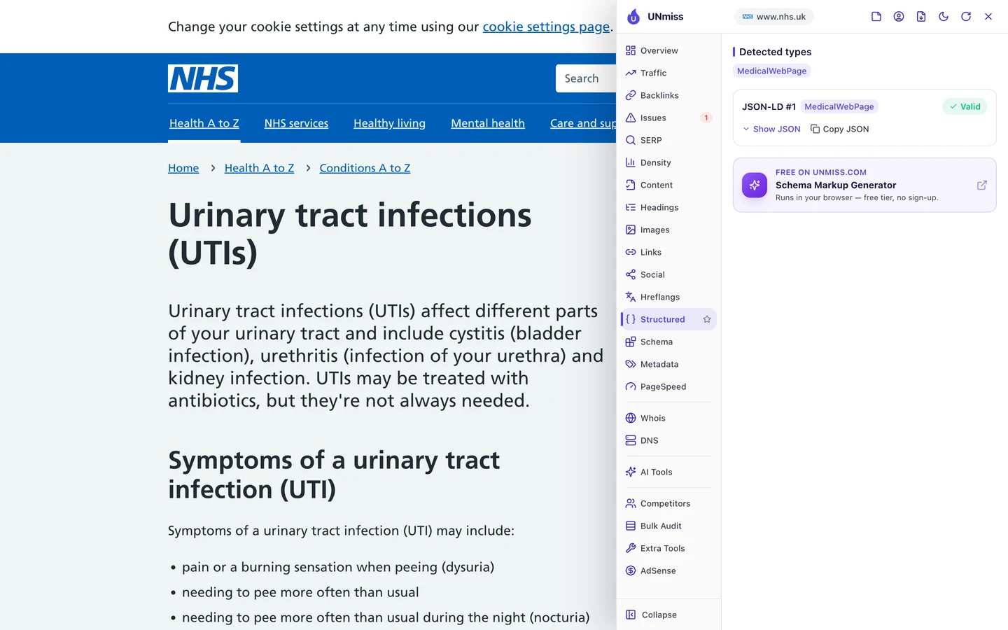 The seotools.pro browser extension Structured tab on the NHS UTI page: detected type MedicalWebPage, with 1 valid JSON-LD block.
