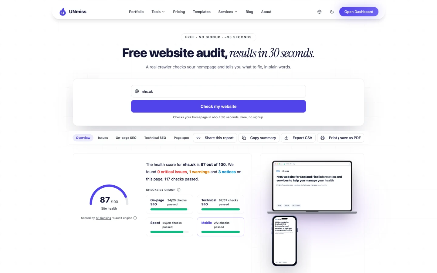 seotools.pro Website Audit для nhs.uk дає 87 зі 100 балів здоров'я сайту, з 0 критичних помилок, 1 попередженням, 3 зауваженнями і 117 пройденими перевірками.