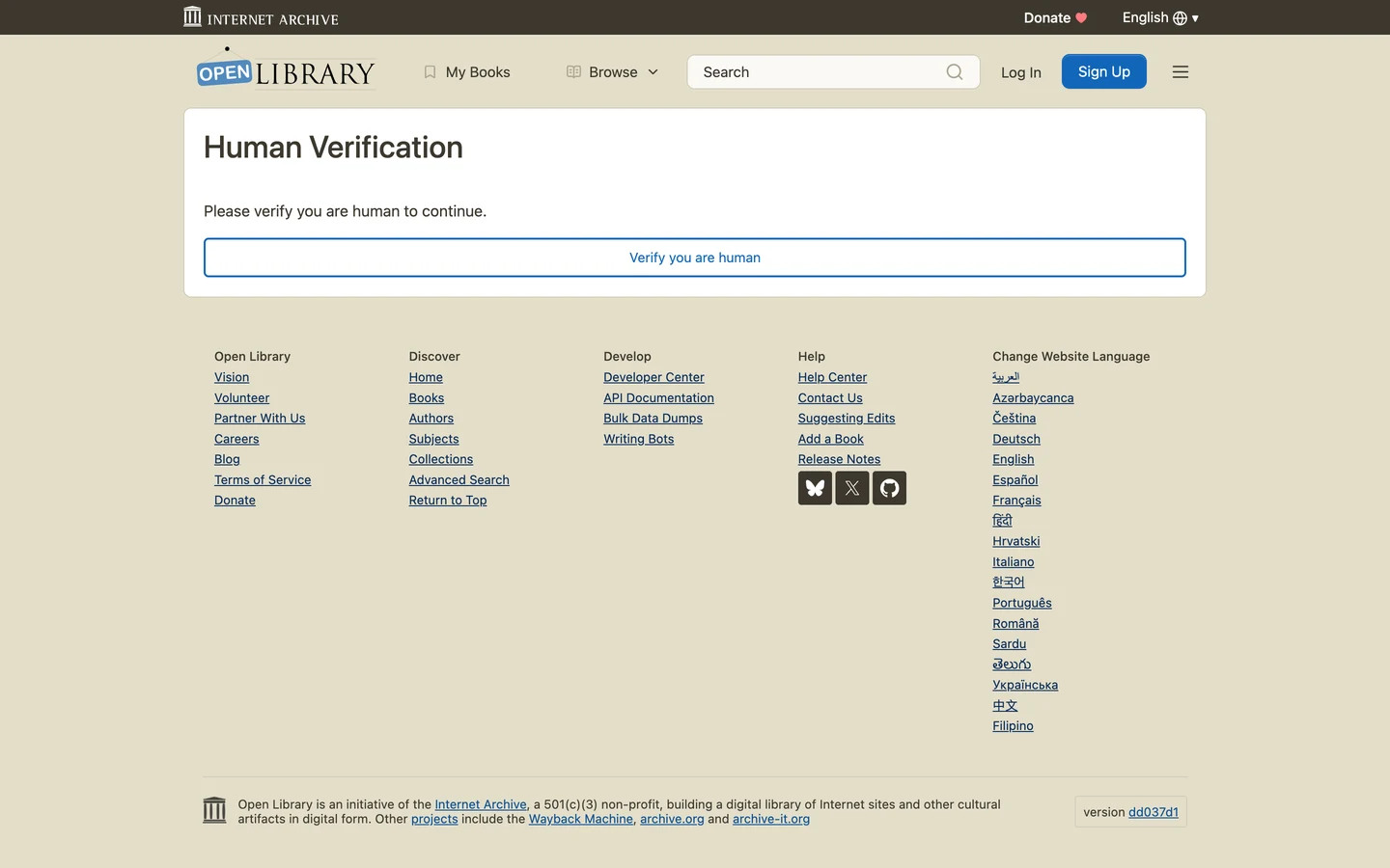 What Open Library showed our automated browser when it opened the Fantastic Mr Fox book page: a Human Verification heading, the line Please verify you are human to continue., a Verify you are human button, and the site footer, which says Open Library is an initiative of the Internet Archive.