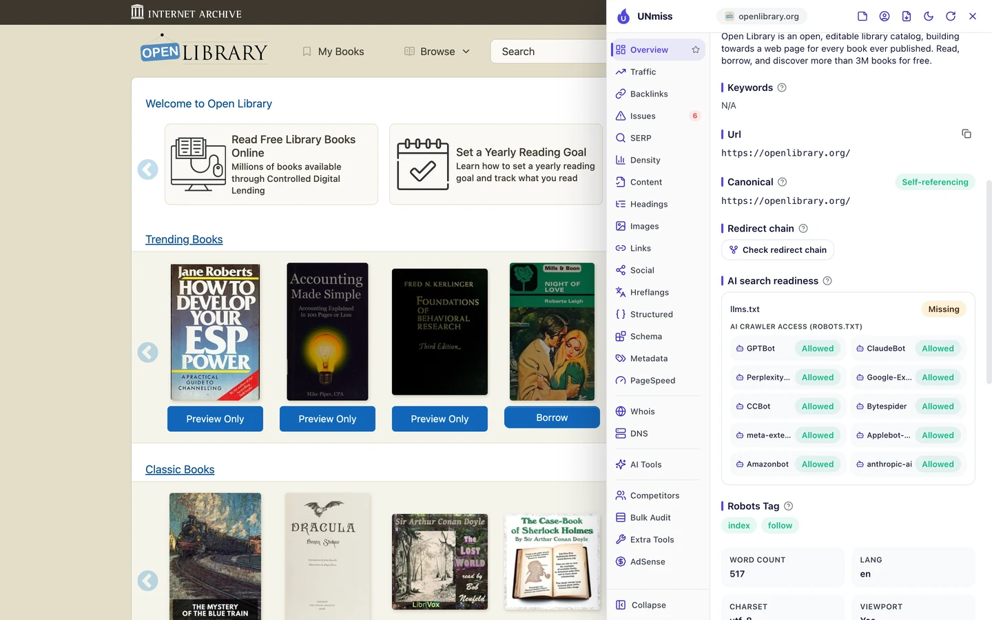 The seotools.pro browser extension on Open Library's homepage showing AI search readiness: llms.txt missing, and AI crawler access from robots.txt with GPTBot, ClaudeBot, PerplexityBot, Google-Extended, CCBot, Bytespider, meta-externalagent, Applebot-Extended, Amazonbot and anthropic-ai all allowed, a robots tag of index, follow, a word count of 517 and a language of en.