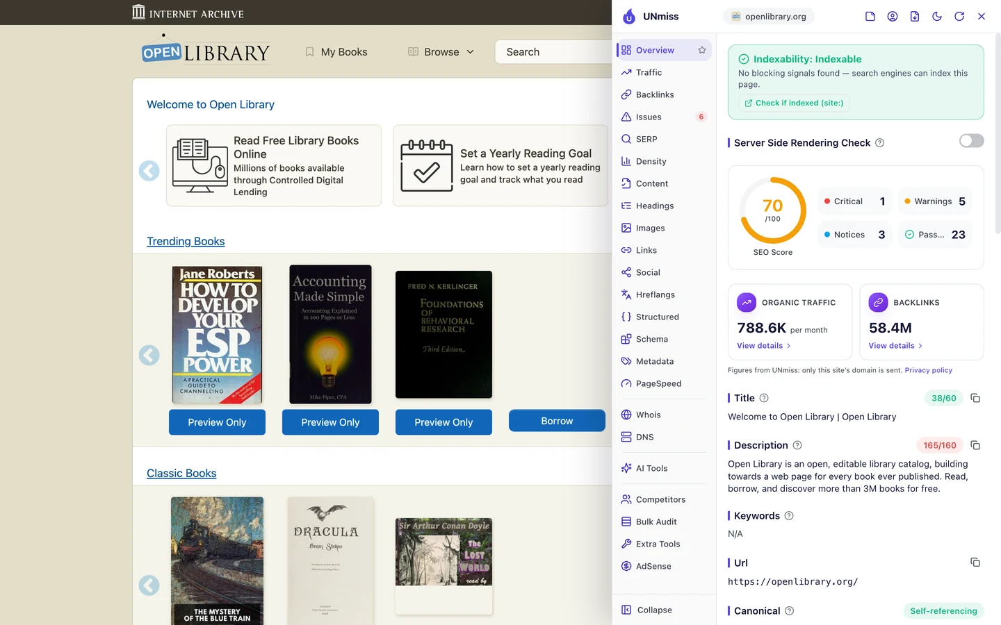 The seotools.pro browser extension on Open Library's homepage: indexable, an SEO score of 70 out of 100 with 1 critical issue, 5 warnings, 3 notices and 23 passed checks, 788.6K organic traffic per month, 58.4M backlinks, a title of 38 of 60 characters, Welcome to Open Library | Open Library, a description of 165 of 160 characters, no keywords, the URL https://openlibrary.org/ and a self-referencing canonical.