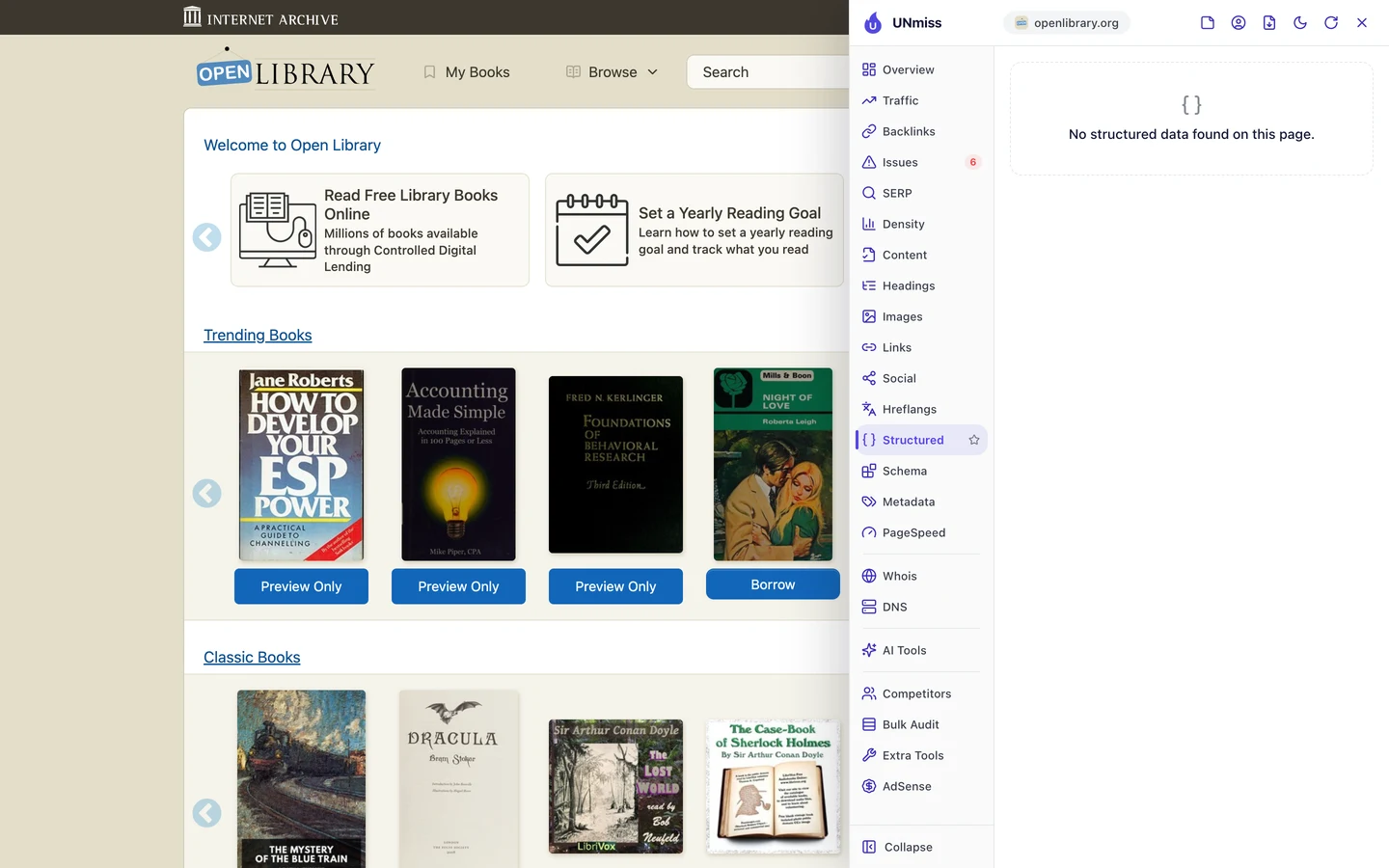 The seotools.pro browser extension Structured tab on Open Library's homepage: No structured data found on this page.