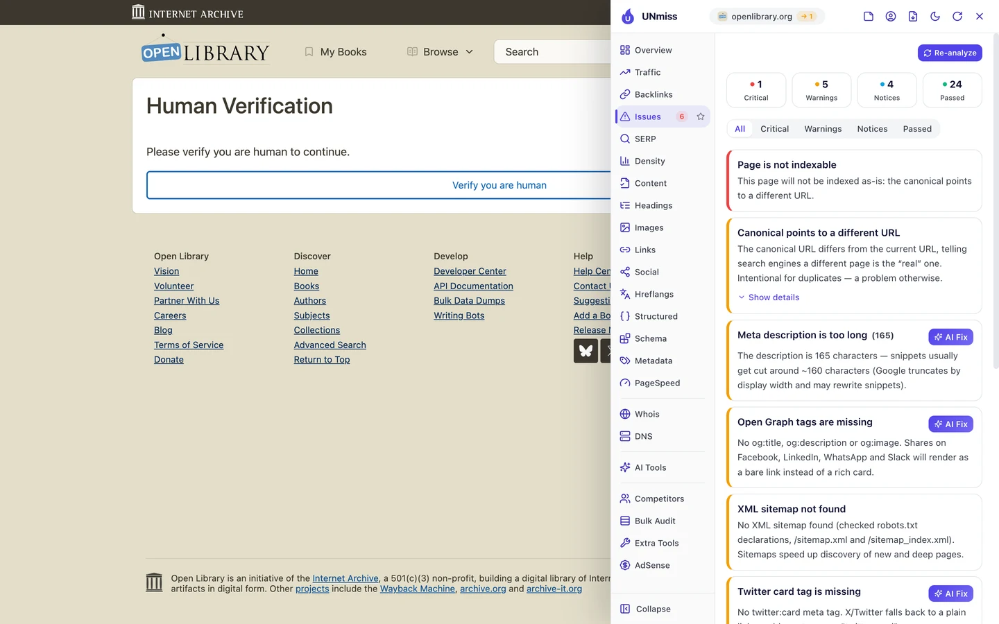 The seotools.pro browser extension Issues tab on Open Library's Human Verification page: 1 critical, 5 warnings, 4 notices and 24 passed, led by page is not indexable because the canonical points to a different URL, then canonical points to a different URL, meta description is too long (165), Open Graph tags are missing, XML sitemap not found and Twitter card tag is missing.