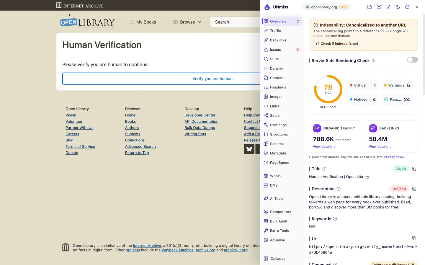 The seotools.pro browser extension on the Human Verification page that Open Library showed instead of the Fantastic Mr Fox book page: indexability canonicalized to another URL, an SEO score of 78 out of 100 with 1 critical issue, 5 warnings, 4 notices and 24 passed checks, 788.6K organic traffic per month, 58.4M backlinks, a title of 33 of 60 characters, Human Verification | Open Library, a description of 165 of 160 characters, and the URL https://openlibrary.org/verify_human?next=/works/OL45804W.