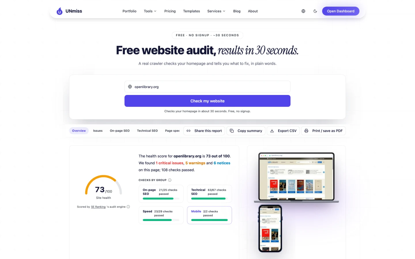 seotools.pro Website Audit для openlibrary.org: здоровье сайта 73 из 100, 1 критическая проблема, 5 предупреждений, 6 замечаний и 108 пройденных проверок.