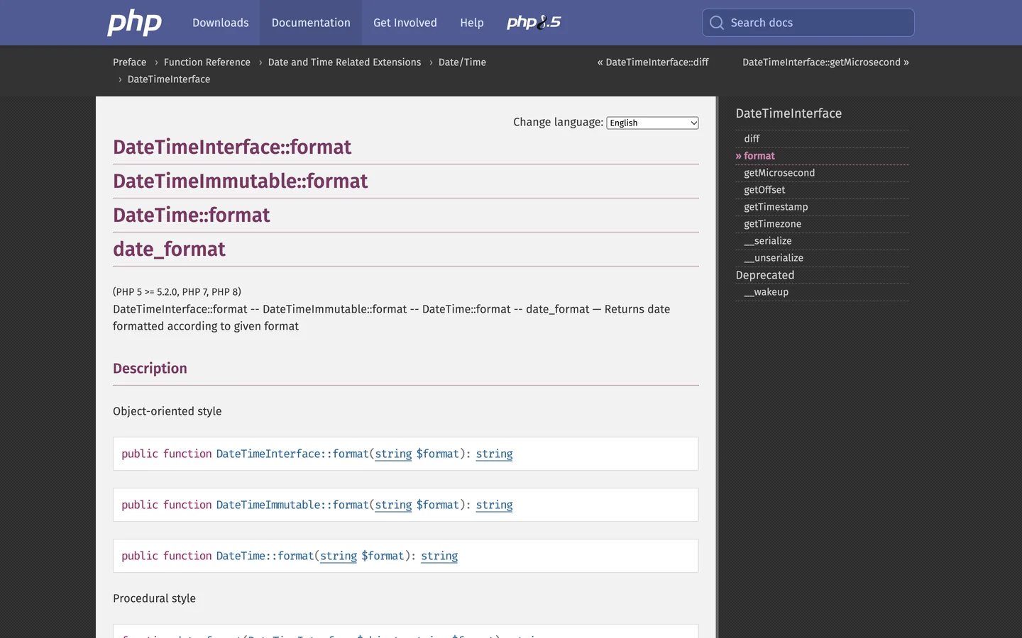 PHP manual page for DateTimeInterface::format, with 4 large headings in a row, DateTimeInterface::format, DateTimeImmutable::format, DateTime::format and date_format, then the line Returns date formatted according to given format, and 3 code boxes for the object-oriented style.