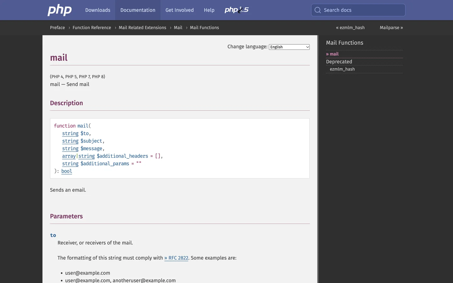 PHP manual page for the mail function: the heading mail, the versions PHP 4, PHP 5, PHP 7 and PHP 8, the line mail, Send mail, a code box showing the function with its 5 parameters, the sentence Sends an email, a Change language menu set to English, and a trail of links from Preface to Mail Functions.