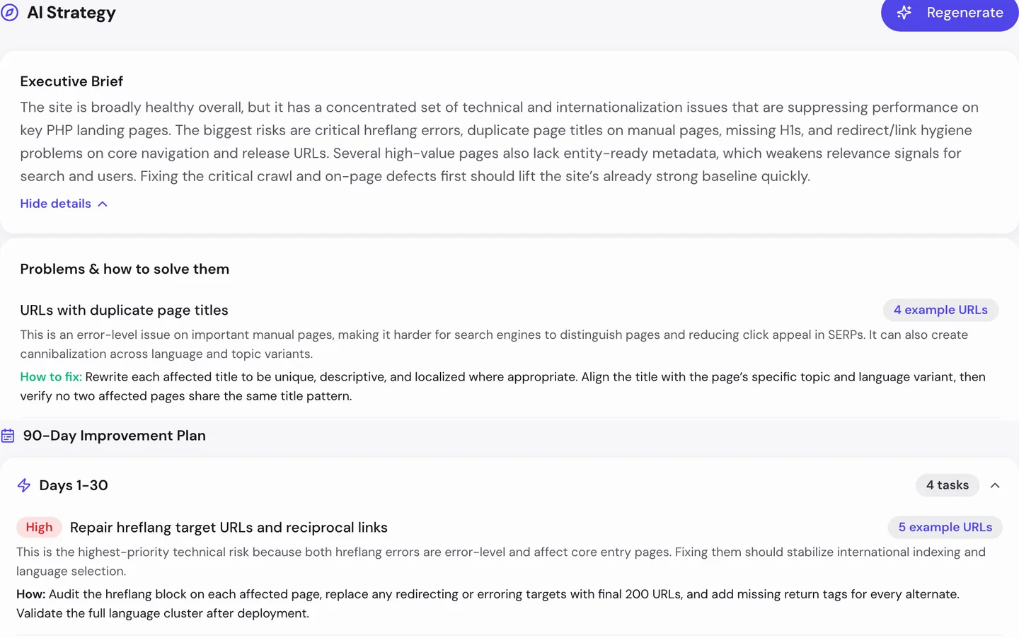 seotools.pro Website Audit AI tab for www.php.net: an executive brief on a broadly healthy site held back by hreflang errors, duplicate page titles on manual pages, missing H1s and redirect problems, a problem on duplicate page titles with how to fix it, and a 90-day improvement plan whose first 30 days start with repairing hreflang target URLs and reciprocal links.