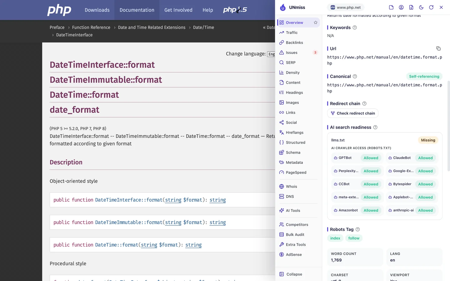 The seotools.pro browser extension on the PHP manual page for DateTimeInterface::format showing AI search readiness: llms.txt missing, and AI crawler access from robots.txt with GPTBot, ClaudeBot, PerplexityBot, Google-Extended, CCBot, Bytespider, meta-externalagent, Applebot-Extended, Amazonbot and anthropic-ai all allowed.