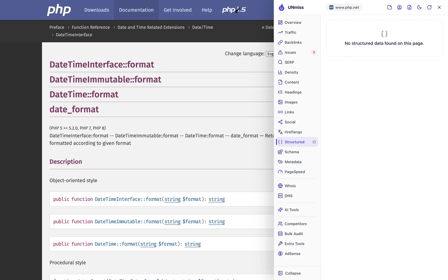The seotools.pro browser extension Structured tab on the DateTimeInterface::format manual page: No structured data found on this page.