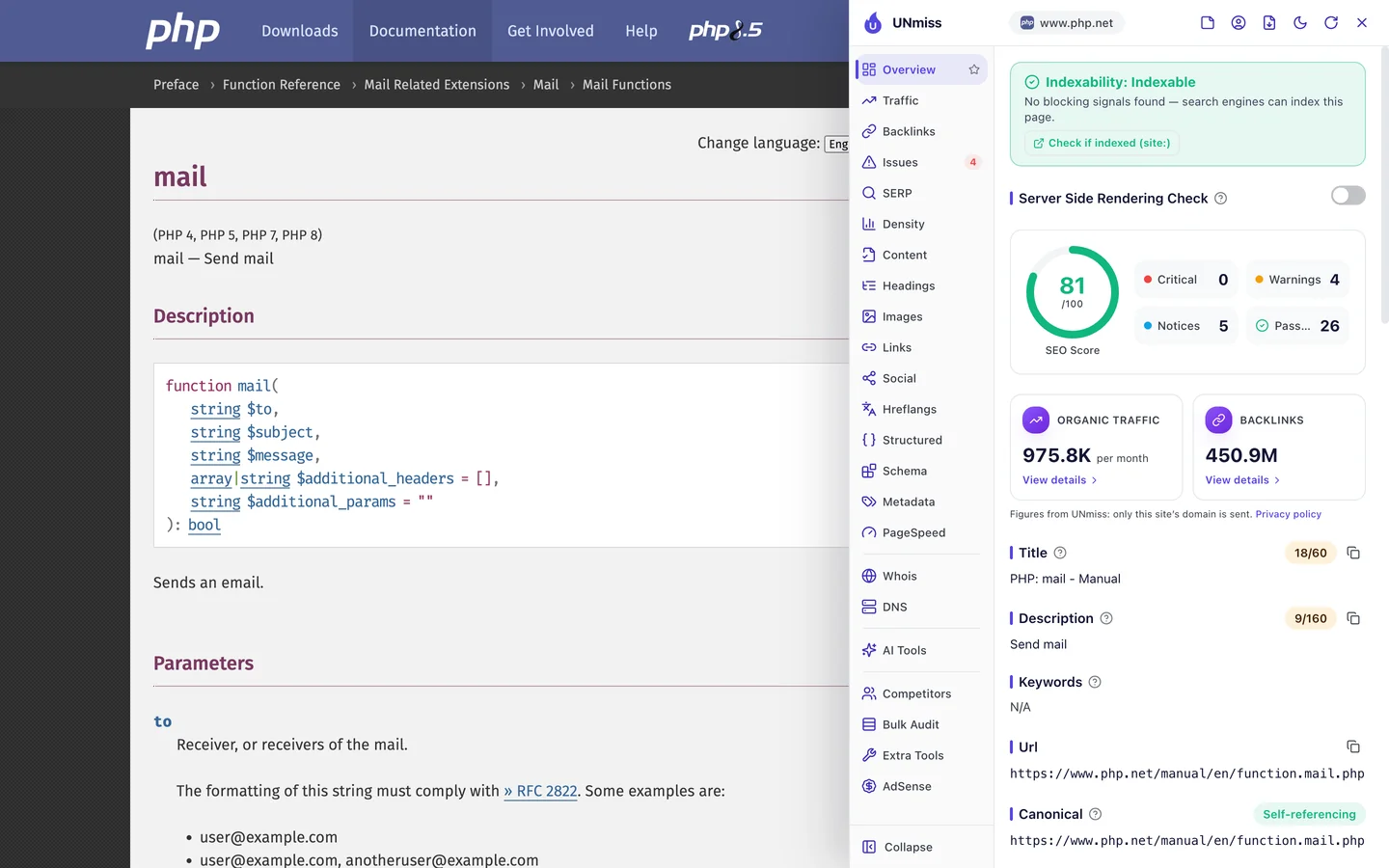 The seotools.pro browser extension on the PHP manual page for mail: indexable, an SEO score of 81 out of 100 with 0 critical issues, 4 warnings, 5 notices and 26 passed checks, organic traffic of 975.8K a month and 450.9M backlinks for the site, a title of 18 characters, PHP: mail - Manual, and a description of 9 characters, Send mail.