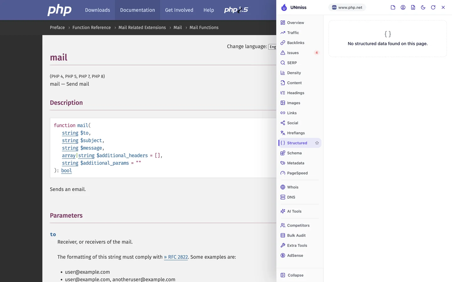 The seotools.pro browser extension Structured tab on the PHP mail manual page: No structured data found on this page.