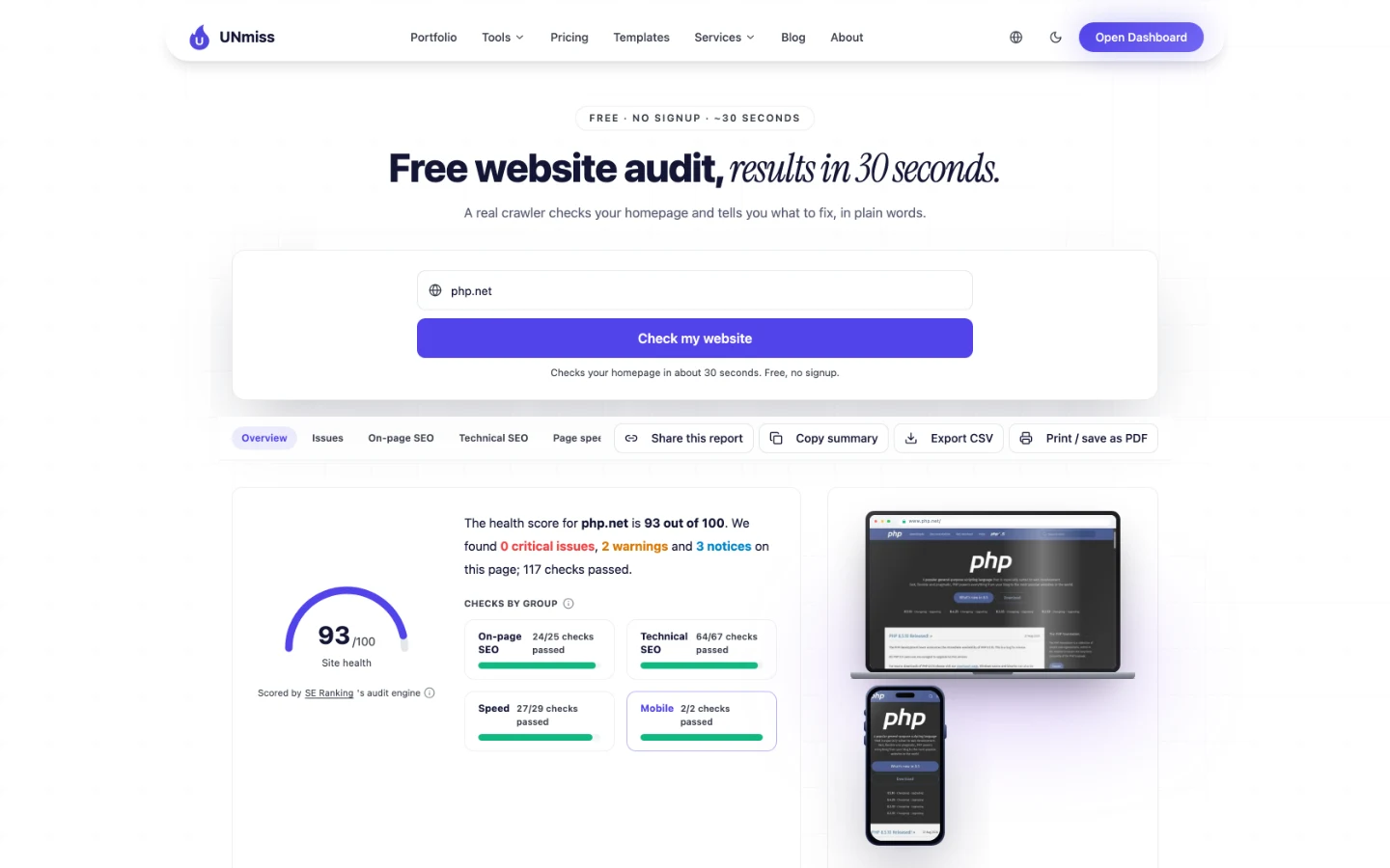 seotools.pro Website Audit для php.net: здоровье сайта 93 из 100, 0 критических проблем, 2 предупреждения, 3 замечания и 117 пройденных проверок.