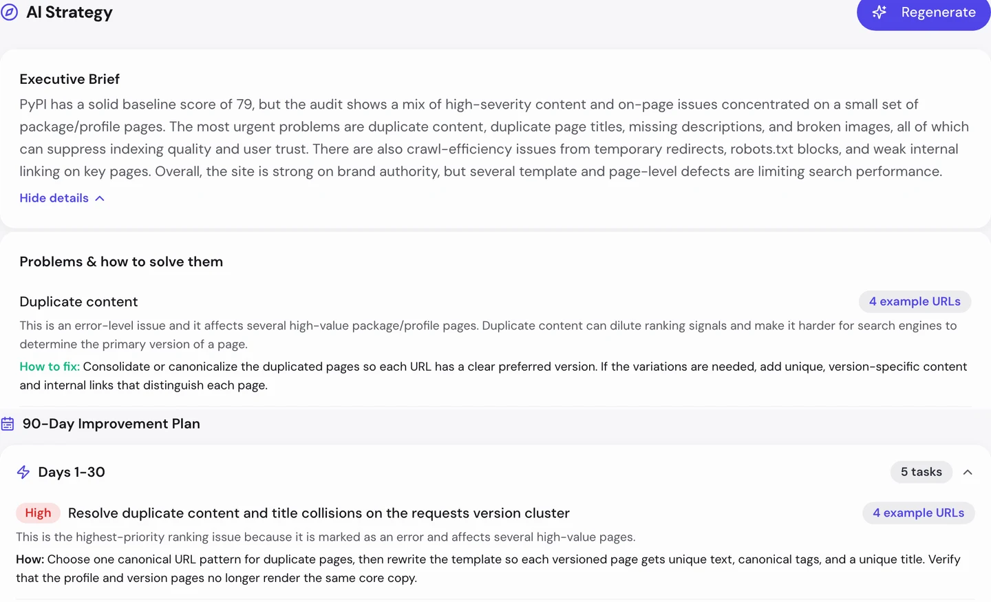 seotools.pro Website Audit AI tab for pypi.org: an executive brief saying PyPI has a solid baseline score of 79 but duplicate content, duplicate page titles, missing descriptions and broken images on a small set of package and profile pages, a duplicate content problem with how to fix it by consolidating or canonicalizing the duplicated pages, and a 90-day improvement plan whose first 30 days hold 5 tasks, starting with a high-priority task to resolve duplicate content and title collisions on the requests version cluster.
