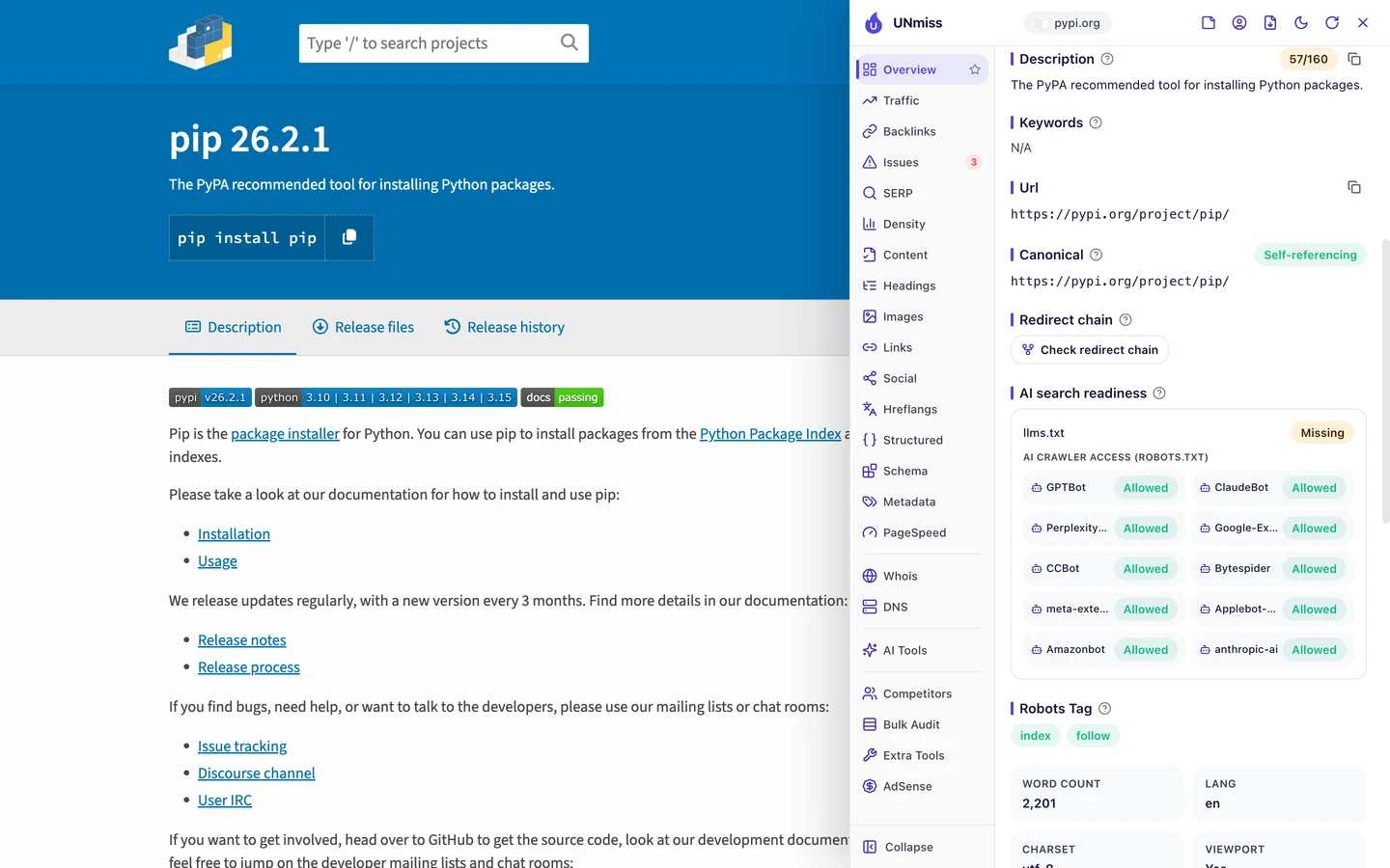 The seotools.pro browser extension on PyPI's pip page showing AI search readiness: llms.txt missing, and AI crawler access from robots.txt with GPTBot, ClaudeBot, PerplexityBot, Google-Extended, CCBot, Bytespider, meta-externalagent, Applebot-Extended, Amazonbot and anthropic-ai all allowed, a robots tag of index, follow, a word count of 2,201 and a language of en.