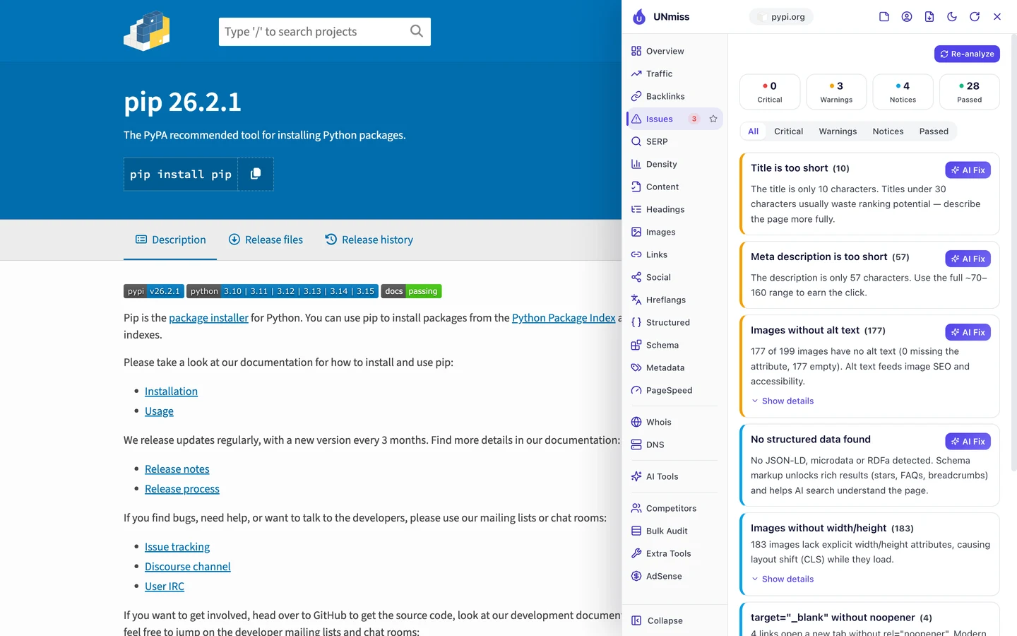 The seotools.pro browser extension Issues tab on PyPI's pip page: 0 critical, 3 warnings, 4 notices and 28 passed, led by title is too short (10), meta description is too short (57), images without alt text (177 of 199 images), no structured data found, images without width/height (183) and target=_blank without noopener (4).